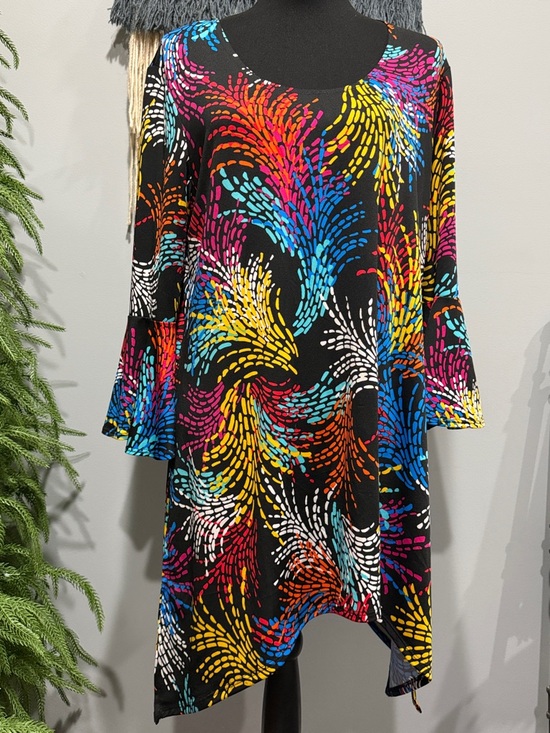 Slinky Brand Tops - Slinky Brand Vibrant Swirl Print Tunic Dress - Multicolor on Black Large